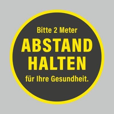 Fußbodenaufkleber, gelb-schwarz, Ø 48cm – 2 Meter Abstand halten